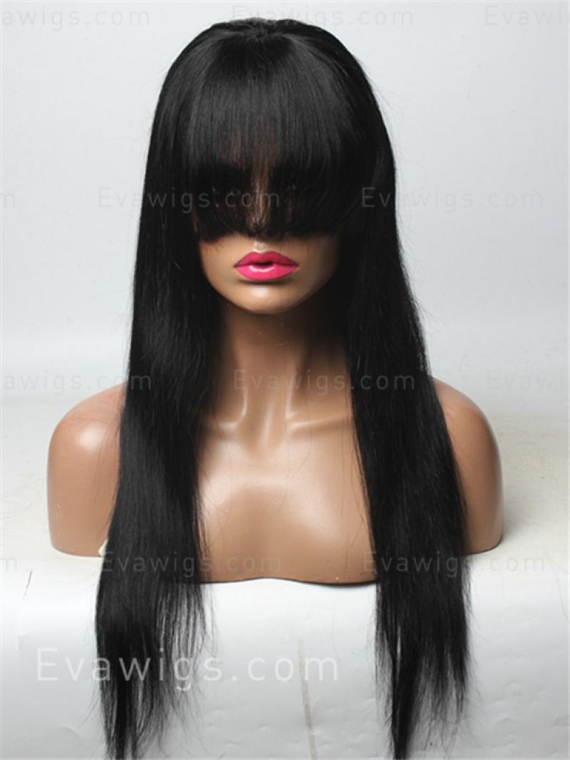 20" Silky Long Straight Full Lace Human Hair Wig with Bangs